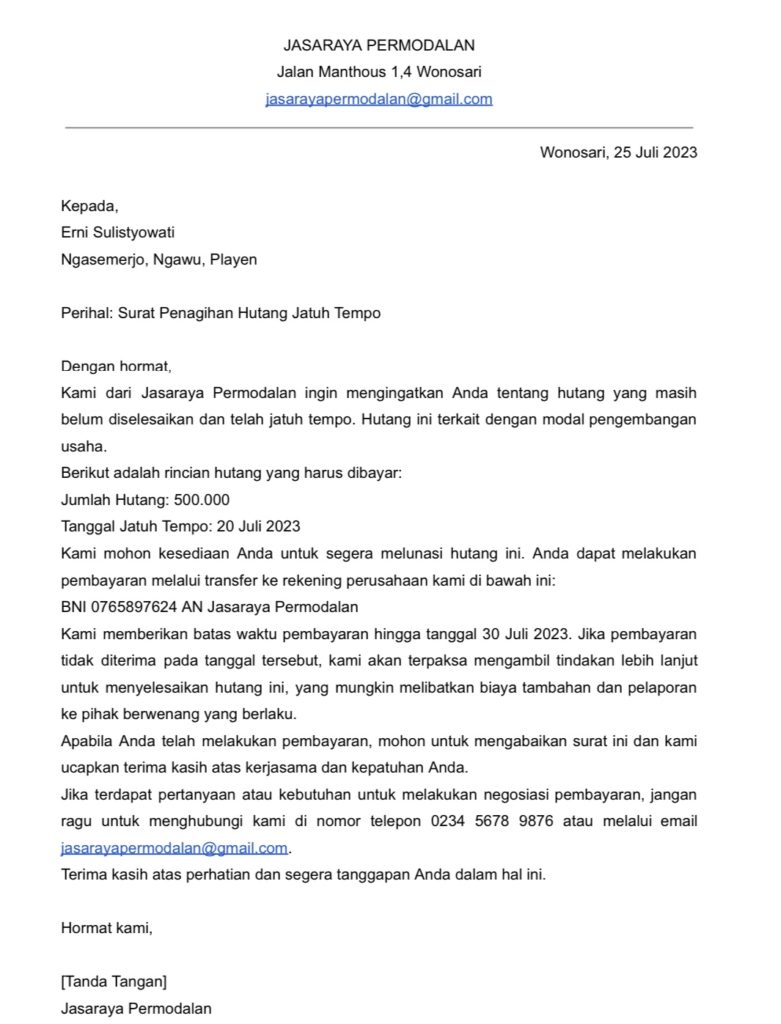 Contoh surat penagihan hutang sudah jatuh tempo